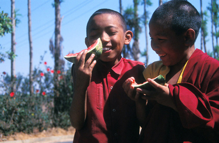 Monks Enjoy Watermelon - Photo by Kiran Ambwani