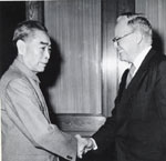 Zhou Enlai greets Endicott in Beijing, 1972 - Captions and credits for Dr. Stephen Endicott entry for father, James Gareth Endicott